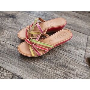 Italian Shoemakers Slide Wedge Sandal Cork Look Red Green Yellow strap 7 Italy